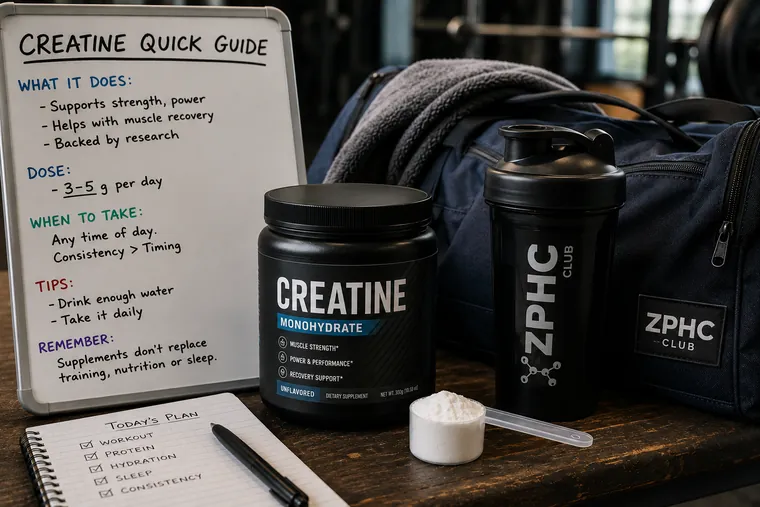 Creatine monohydrate powder with shaker bottle and training log showing daily use and hydration.