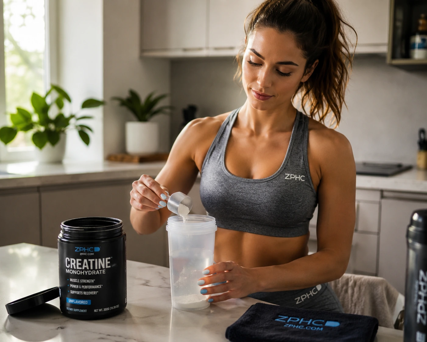 Woman preparing creatine monohydrate in a shaker beside a ZPHC supplement tub.