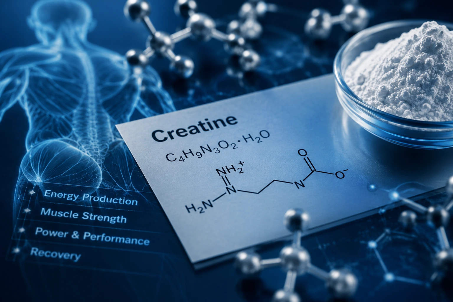 Creatine molecule diagram with creatine monohydrate powder and energy production notes.