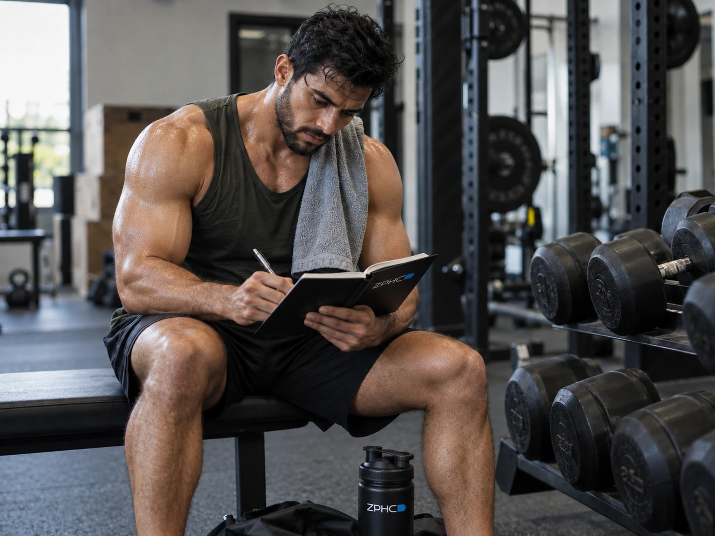 A man seated beside a dumbbell rack writes in a training notebook.