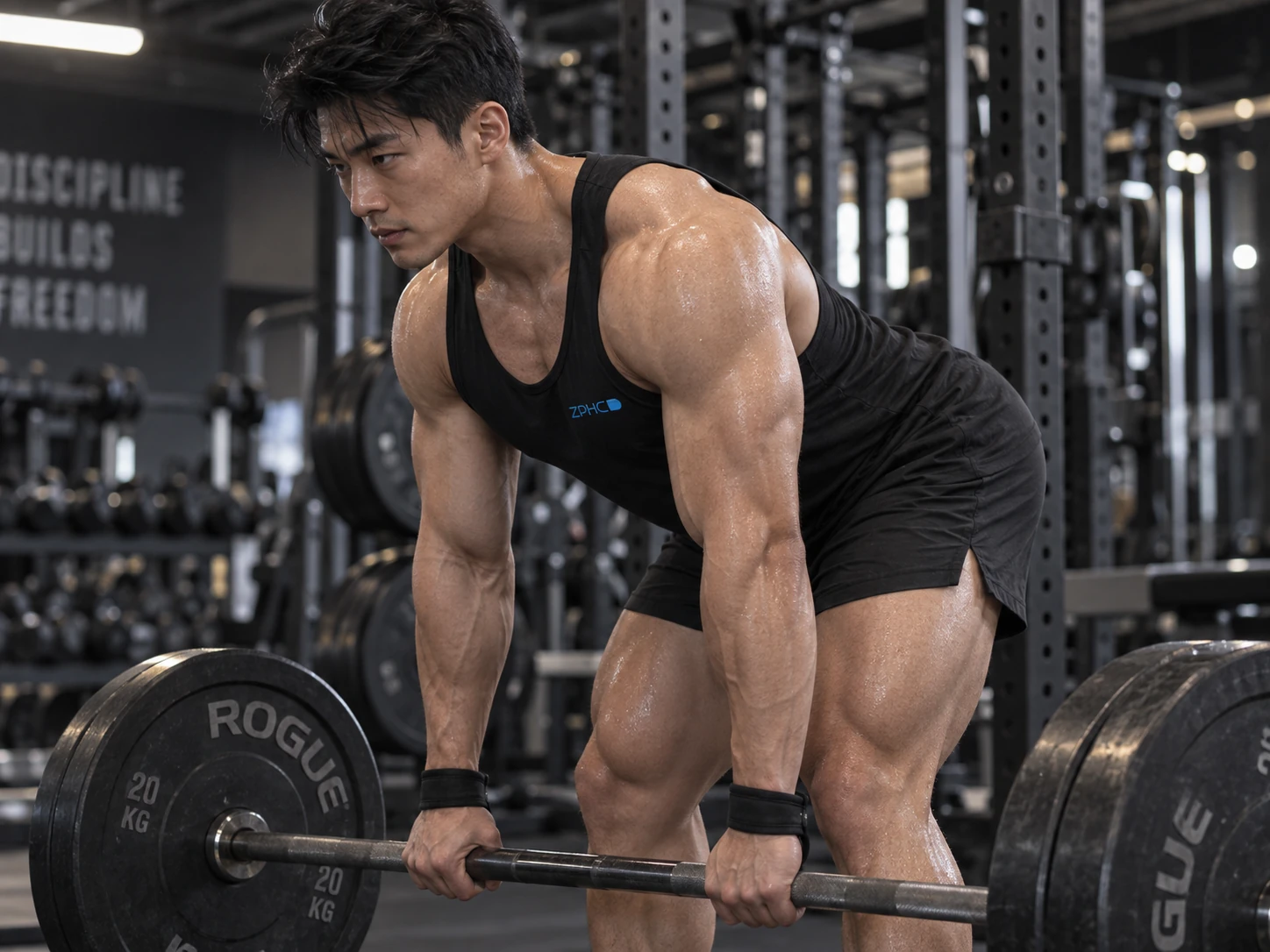 A man hinges forward holding a barbell in a Romanian deadlift position.
