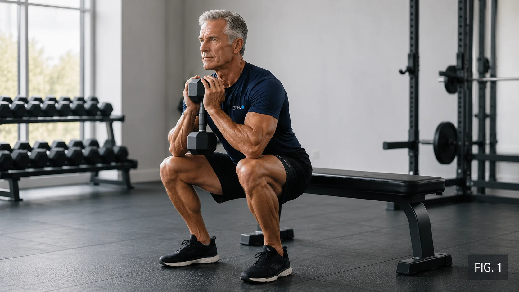 Athletic older male performing a controlled goblet box squat toward a sturdy bench.
