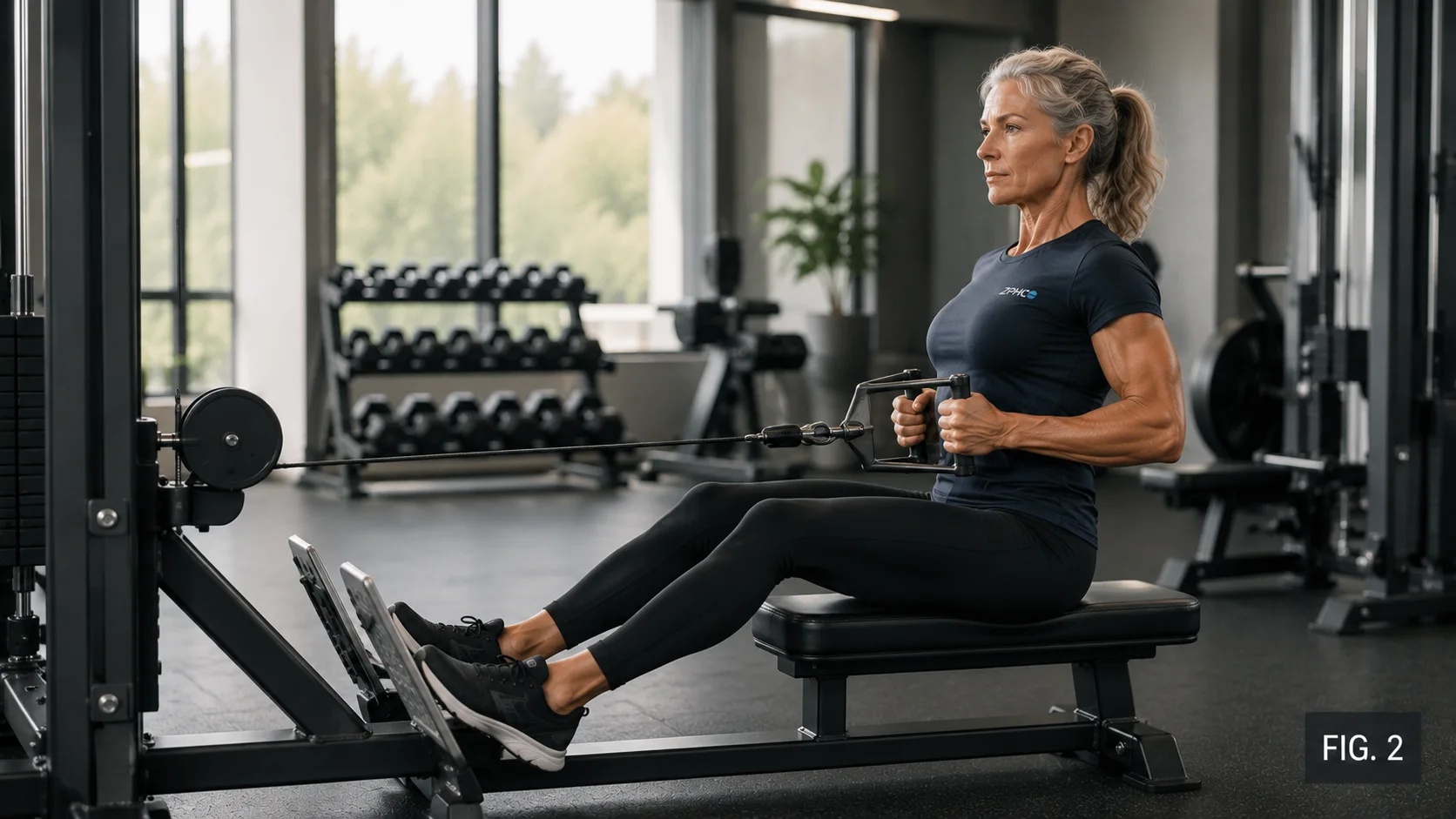 Athletic older female performing a mechanically correct seated cable row.