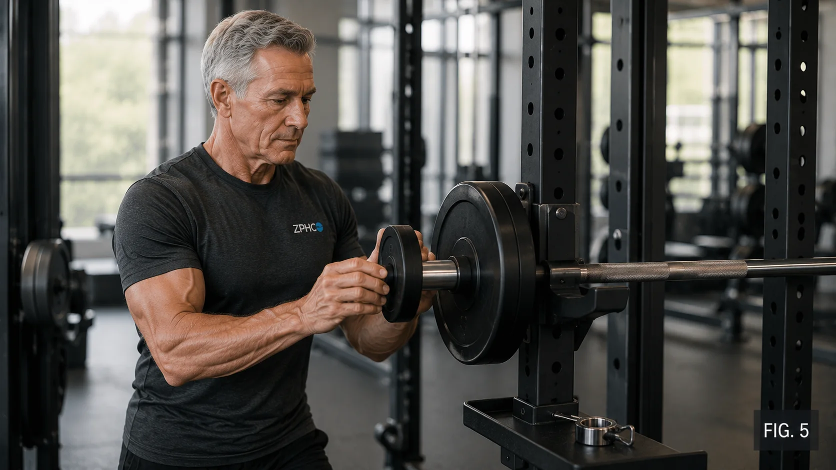Strong older male adding a small microplate to a barbell secured in a power rack.