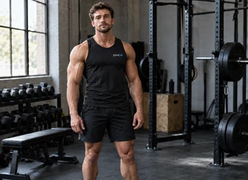 A muscular man in a black sleeveless top stands between a dumbbell rack and a power rack.
