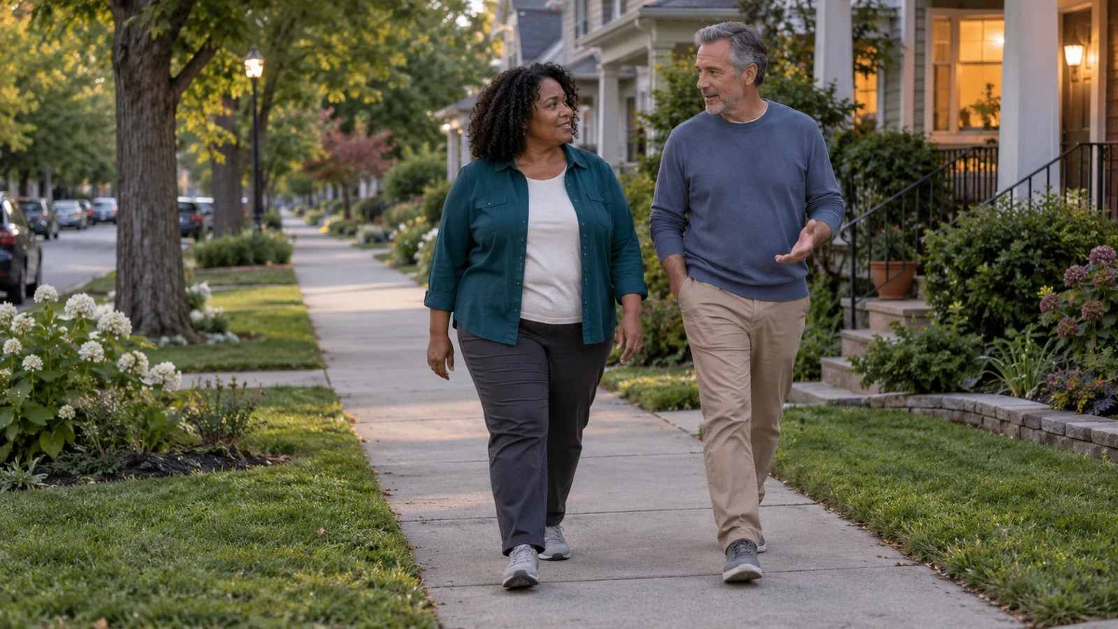 Two adults talking as they walk along a tree-lined residential sidewalk.