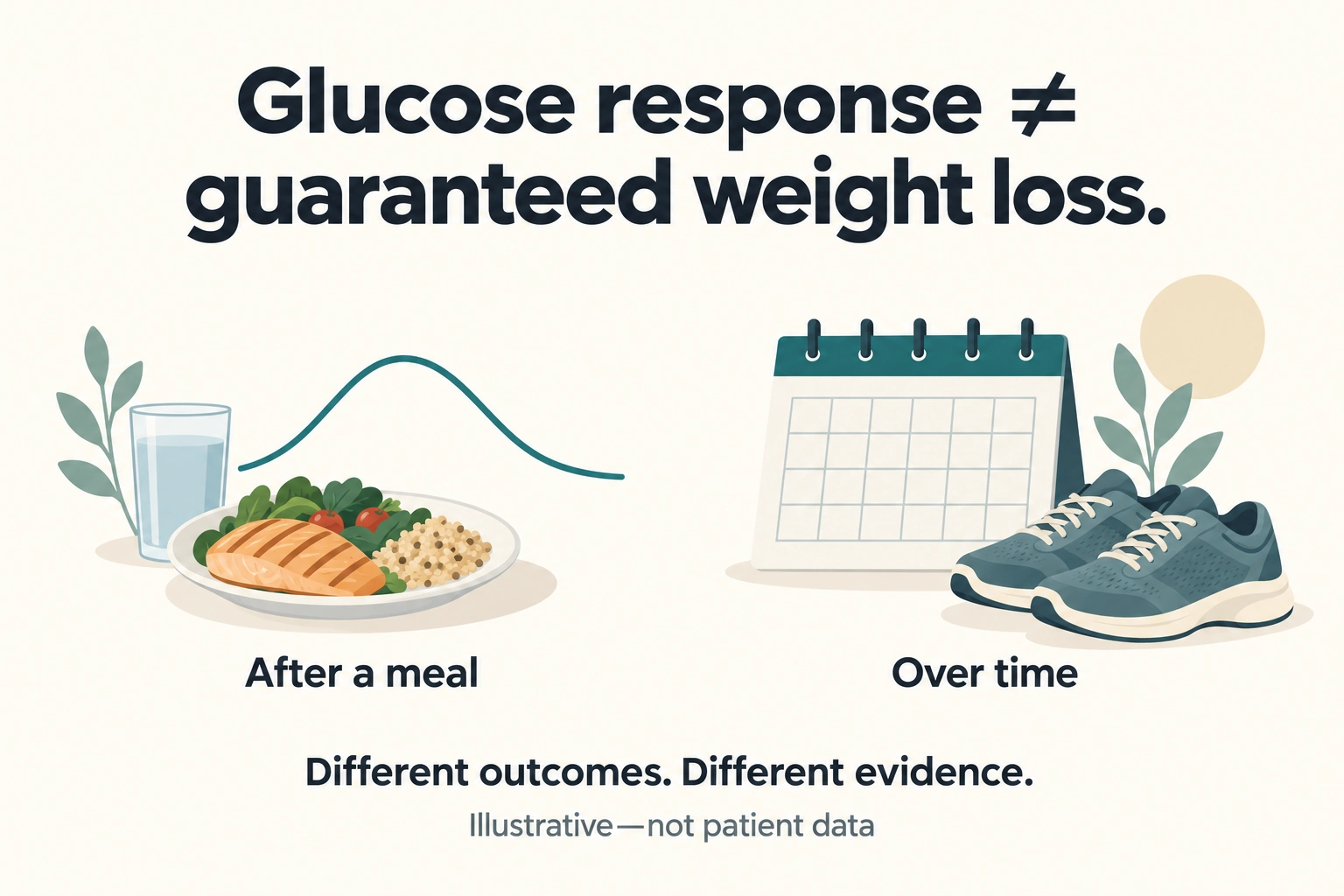 A meal and glucose curve beside a calendar and walking shoes; the heading separates glucose response from guaranteed weight loss.